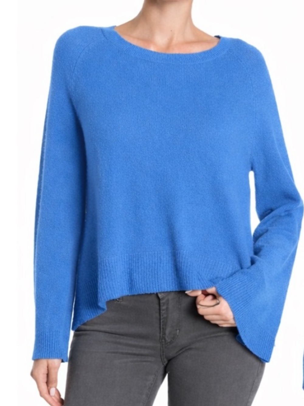 360 Cashmere Fjord Blue Wide Bell Sleeve Cashmere Crew Sweater Size large